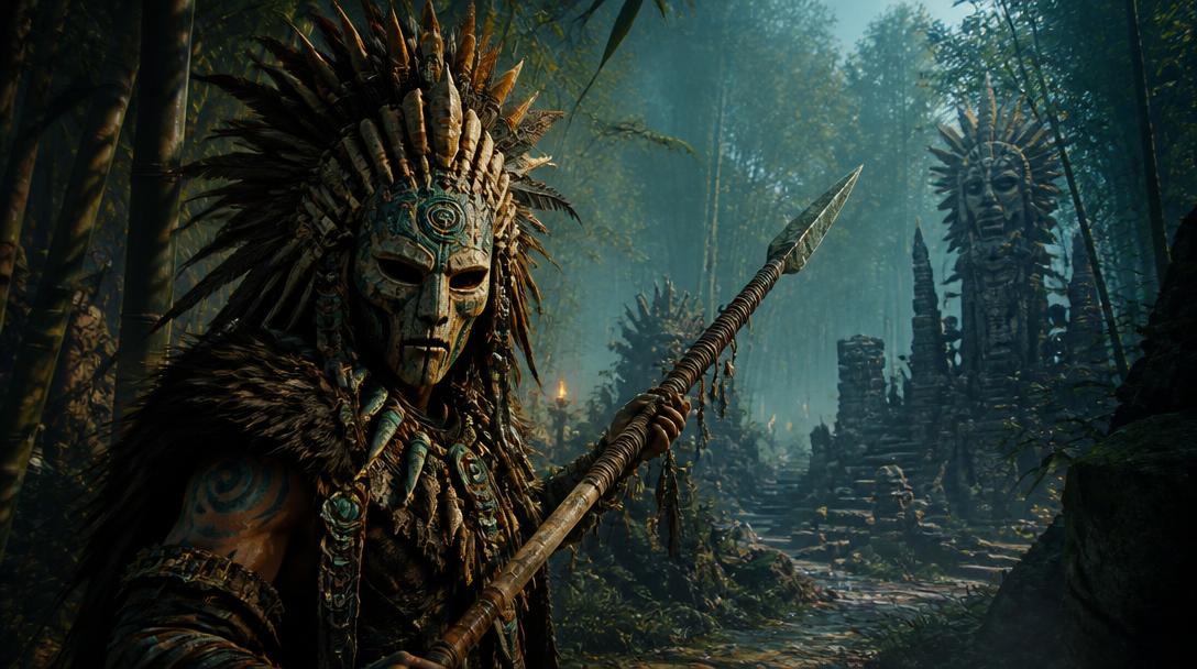 Guerreiro mascarado diante de ruínas na selva